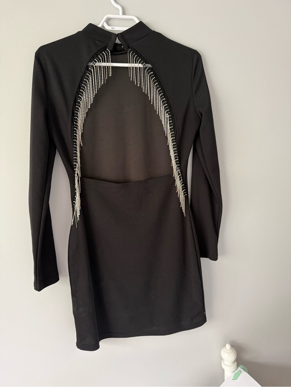 SHEIN Black Long-Sleeve Open-Back Mini Dress with Silver Rhinestone Fringe